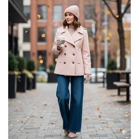 J. Crew 100% Wool Double Breasted Pink Beige Pea Coat 17507 - Women's Size 10 - Picture 1 of 7